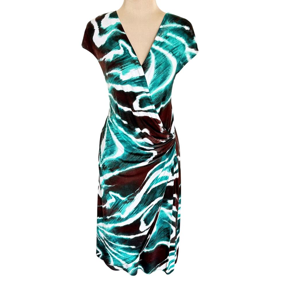 Tommy Bahama Faux Wrap Stretch Knit Midi Dress Bodycon Swirl Tie Dye Coastal